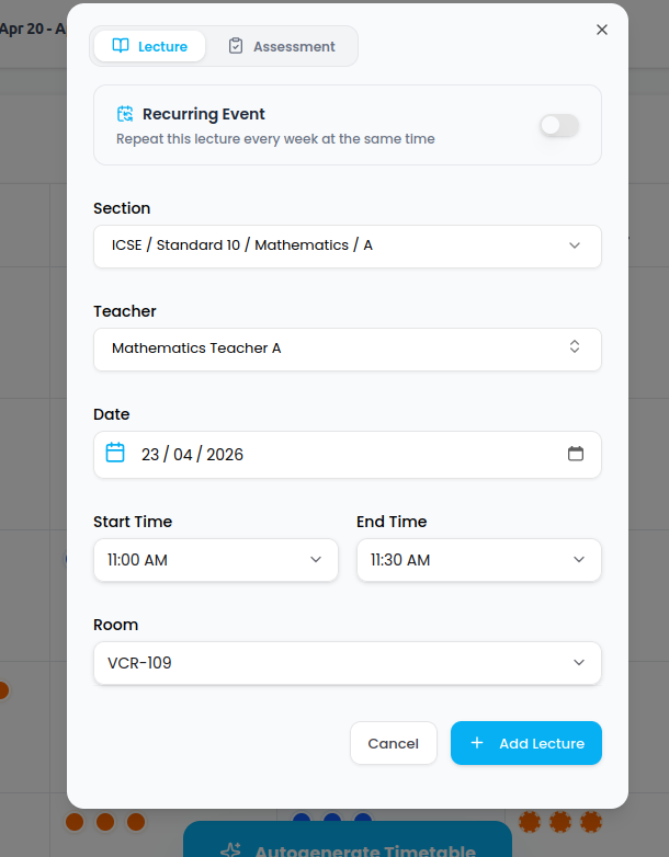 Add One-Time Lecture